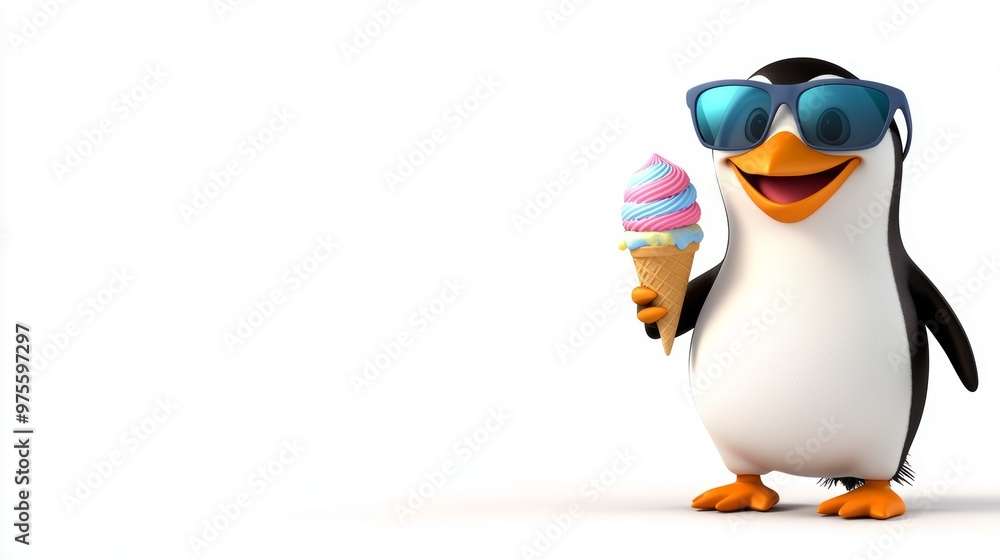 Obraz premium Cute Penguin Wearing Sunglasses Holds Ice Cream Cone