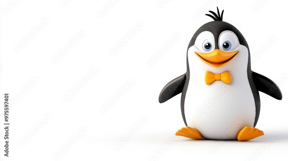 Fototapeta premium Cute Cartoon Penguin with Yellow Bow Tie on White Background