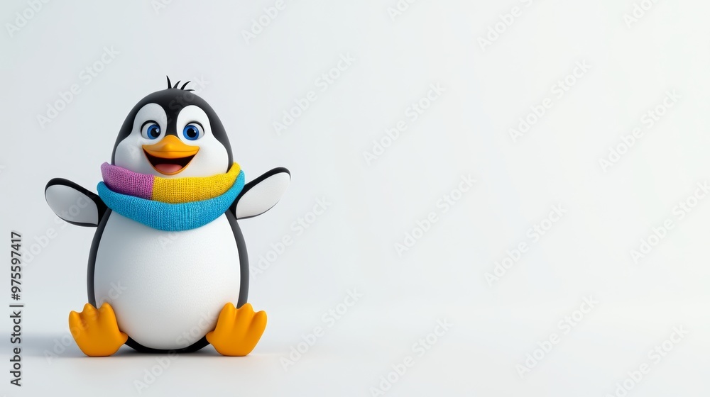 Obraz premium Cute Penguin Cartoon Character Wearing Scarf Isolated on White Background