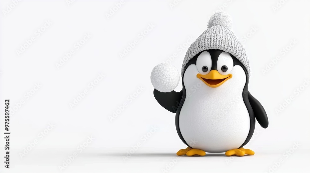 Obraz premium Cute Penguin Wearing a Knitted Hat Holding a Snowball