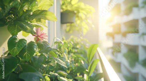 Sunlit Balcony Garden with Lush Greenery, Urban Nature and Eco-Friendly Home Decoration