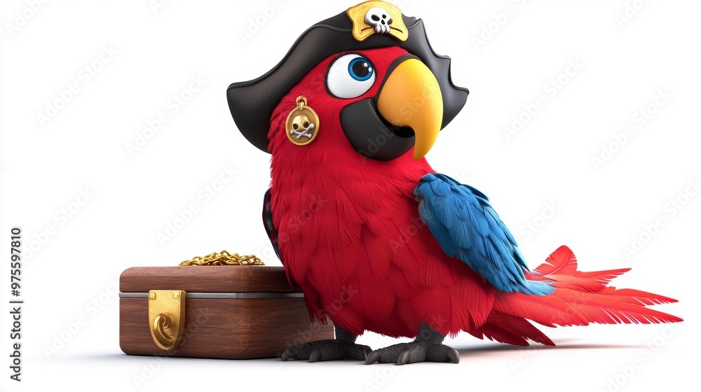 Fototapeta premium Pirate Parrot with Treasure Chest