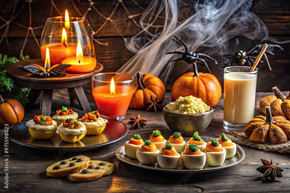 A dimly lit table setting features a spread of eerie edibles, including witches' brew punch, spider deviled eggs, and skeleton finger cookies, surrounded by candles and cobwebs. A dimly lit table setting features a spread of eerie edibles, including witches' brew punch, spider deviled eggs, and skeleton finger cookies, surrounded by candles and cobwebs.