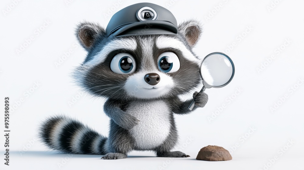 Obraz premium Cute Raccoon Detective with Magnifying Glass and Evidence