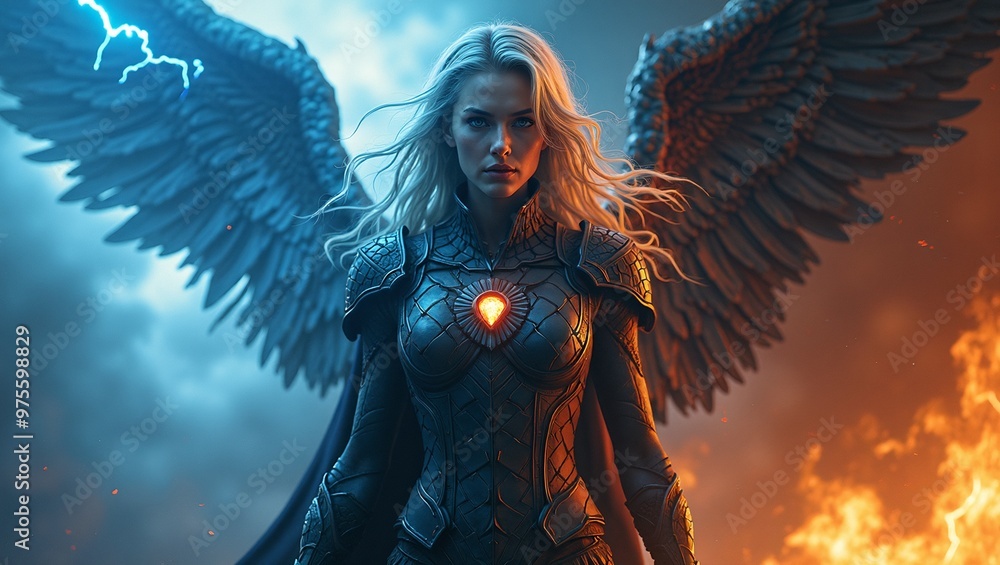 Obraz premium Epic female warrior split between storm clouds and molten rock
