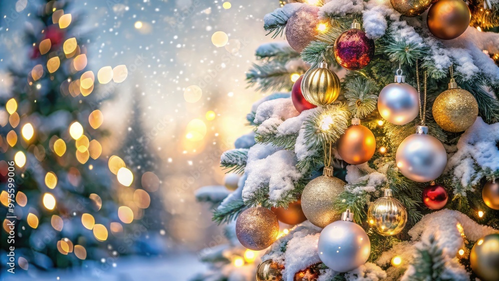 A festive, snow-covered, ornate Christmas tree decorated with shiny balls, ornaments, and glittering lights stands against a soft, blurred, winter wonderland background. A festive, snow-covered, ornate Christmas tree decorated with shiny balls, ornaments, and glittering lights stands against a soft, blurred, winter wonderland background.