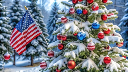 A festive American flag-themed Christmas tree stands tall, decorated with red, white, and blue ornaments, against a snowy winter wonderland background.
