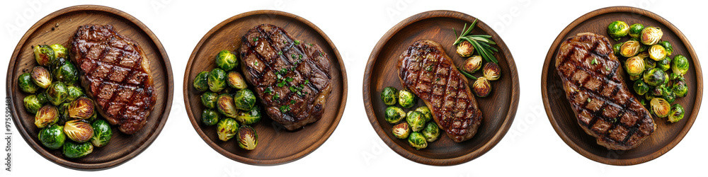 A top view of a steak with roasted brussels sprouts on a wooden plate, centered on a transparent background. A top view of a steak with roasted brussels sprouts on a wooden plate, centered on a transparent background.