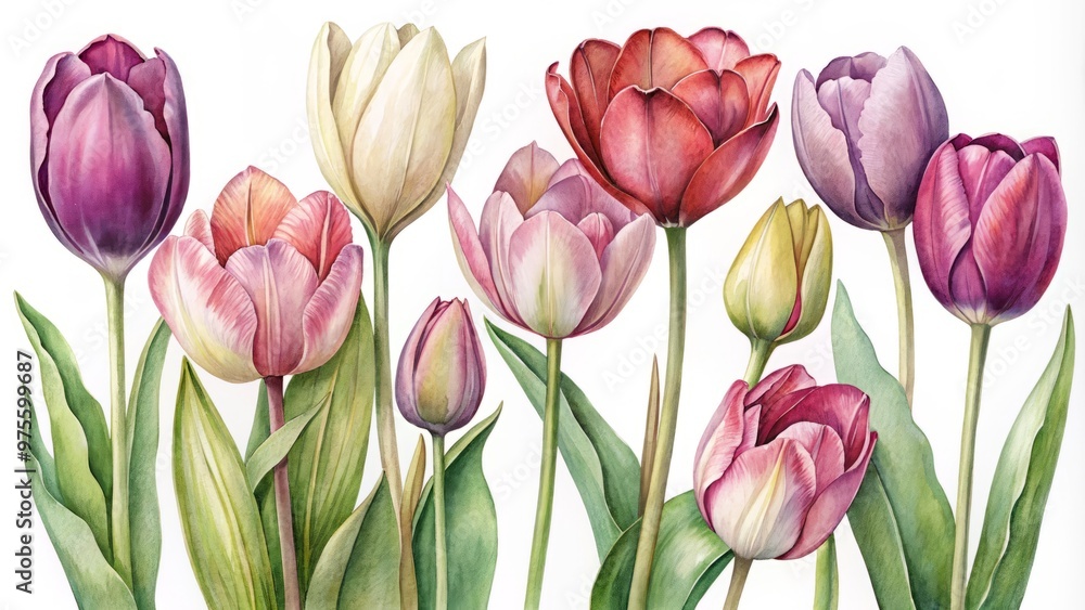 Fototapeta premium Softly shaded tulip sketches with varying cup shapes and stem lengths, captured in a range of watercolor hues from delicate pastels to rich berry tones.