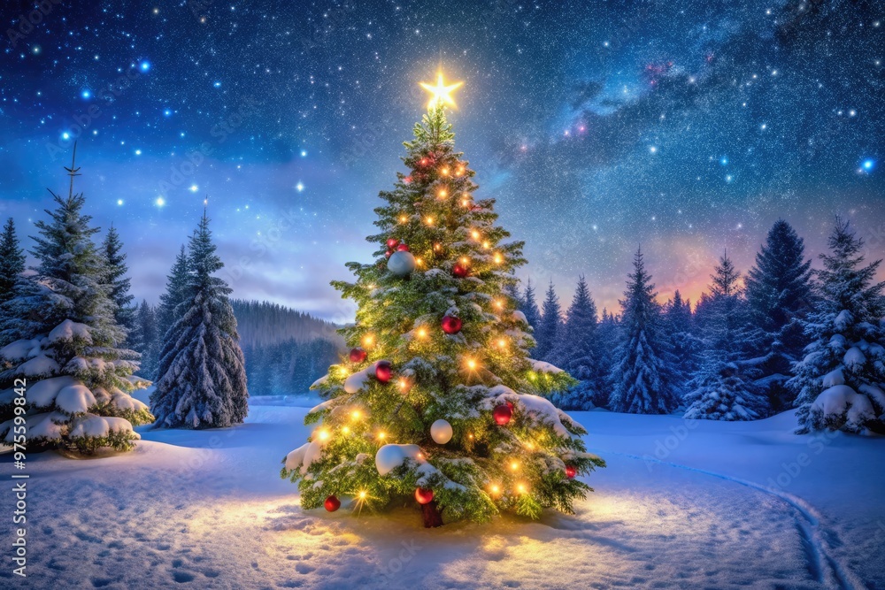A festive Christmas tree stands at the center of a beautiful winter wonderland scene, surrounded by a gentle snowfall and evergreen branches, under a starry night sky. A festive Christmas tree stands at the center of a beautiful winter wonderland scene, surrounded by a gentle snowfall and evergreen branches, under a starry night sky.