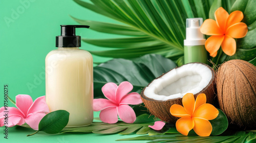 A jar of coconut oil sits beside beauty products made from natural ingredients, emphasizing its role in skincare.