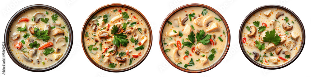 Top view of Thai coconut soup (Tom Kha Gai) on a white plate, centered on a transparent background. Top view of Thai coconut soup (Tom Kha Gai) on a white plate, centered on a transparent background.