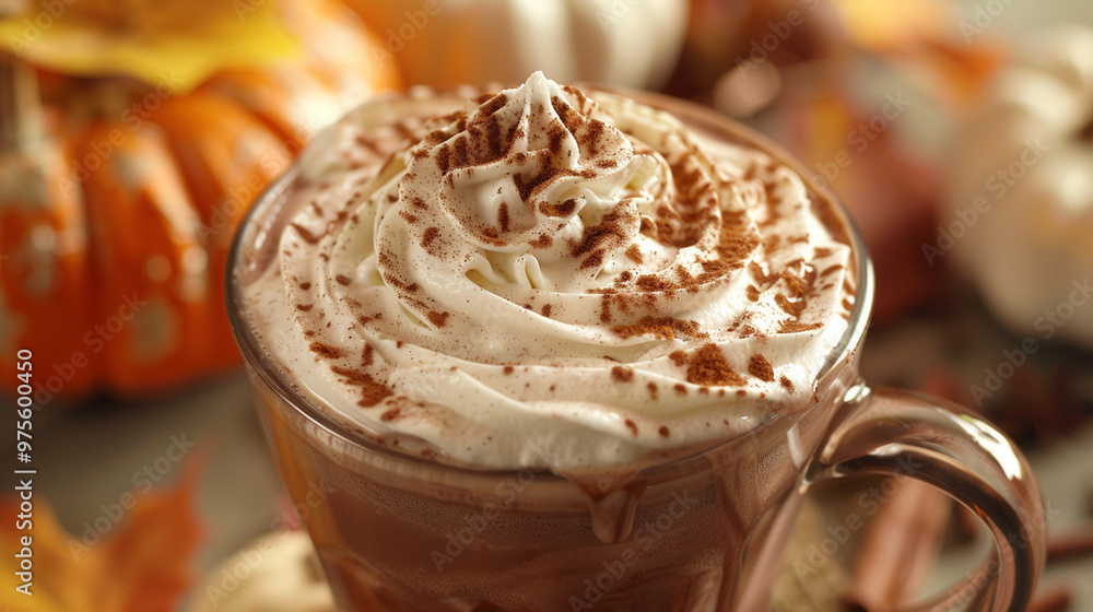 A close-up of a hot chocolate topped with whipped cream and cinnamon, with pumpkins and leaves decorating the table in the background. A close-up of a hot chocolate topped with whipped cream and cinnamon, with pumpkins and leaves decorating the table in the background.