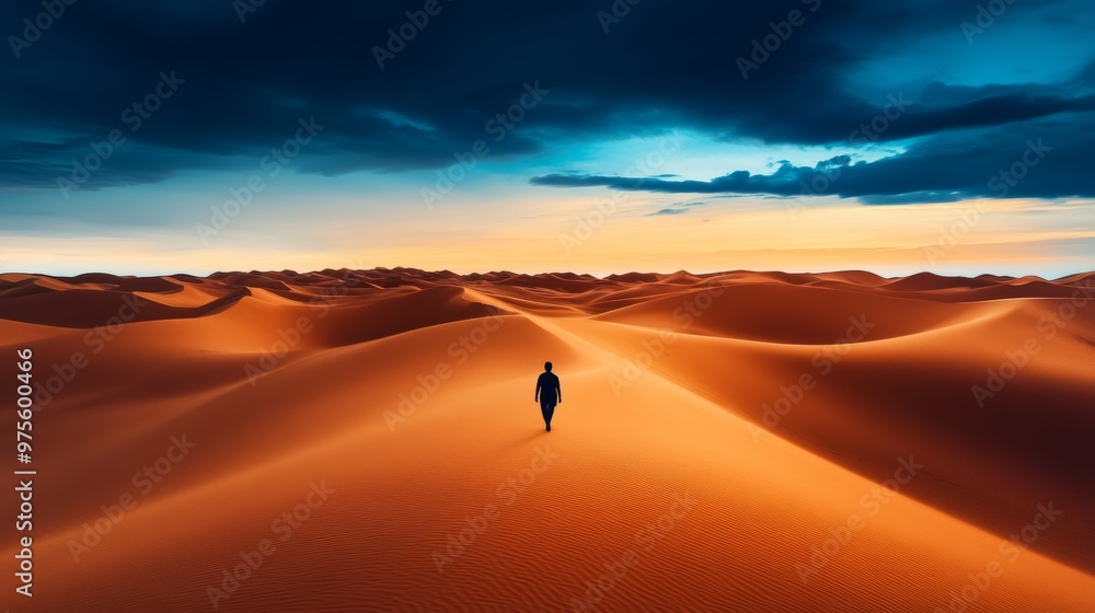 Solitary Figure Walking in Desert Landscape at Sunset