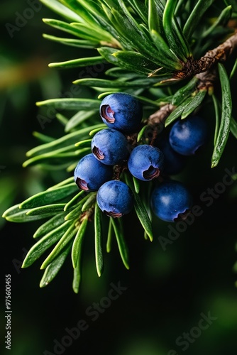 A cluster of deep blue berries grows among needle-like green foliage, depicting a natural and fresh appearance in a serene green environment.