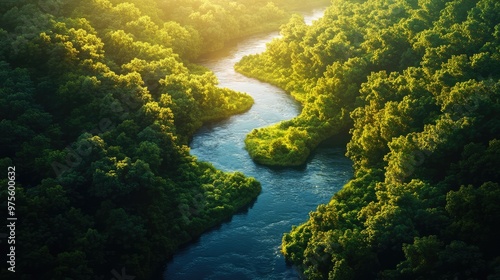 The winding river carves its path through a dense forest, reflecting the morning sun, creating a serene landscape