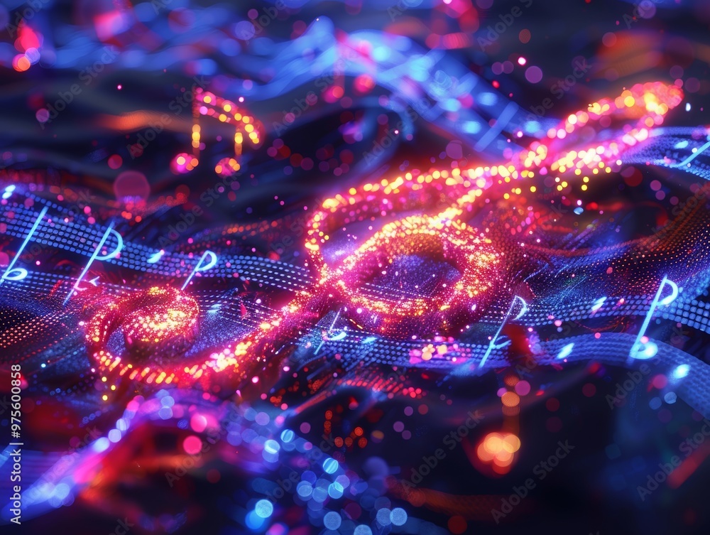 A mesmerizing neon 3D treble clef animating in a dark music studio under vibrant lights in the late night hours A mesmerizing neon 3D treble clef animating in a dark music studio under vibrant lights in the late night hours