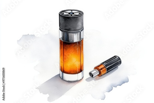 A detailed illustration of a clear vial with an amber liquid and a black cap, showcasing intricate design and color. photo