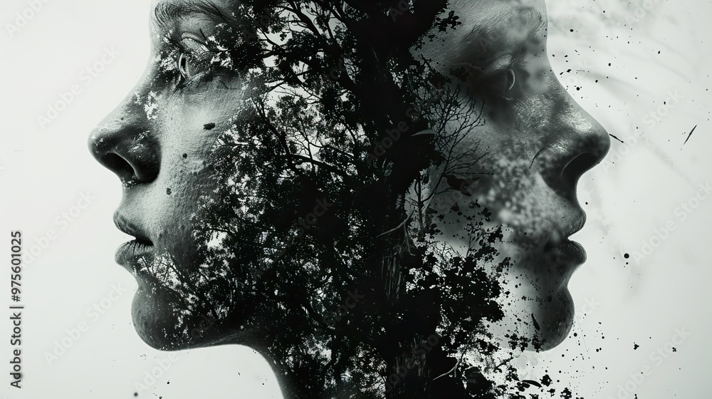 Abstract Double Exposure: Human Face and Tree Silhouette Abstract Double Exposure: Human Face and Tree Silhouette
