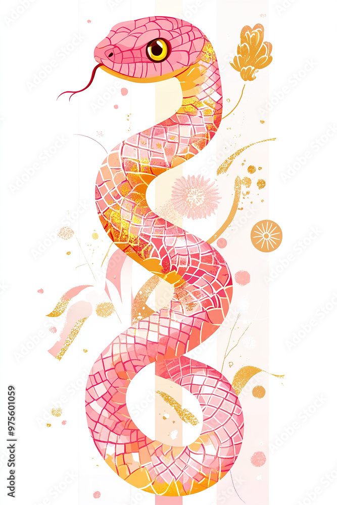 Obraz premium Vector illustration of a cute snake with pink and gold checkered design on a ribbon banner, with Chinese character 