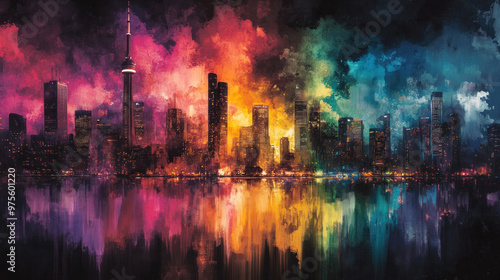 A rainbow of fireworks paints the sky with vibrant colors, reflecting off the city's waterline.