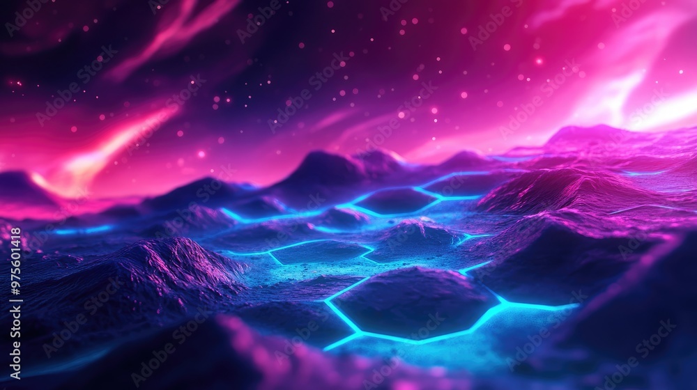 A surreal landscape with glowing blue hexagonal shapes in the foreground and a pink and purple sky with streaks of light in the background. A surreal landscape with glowing blue hexagonal shapes in the foreground and a pink and purple sky with streaks of light in the background.