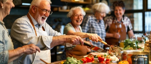 A group of elderly friends joyfully cooking together in a cozy kitchen, sharing laughter and a love for preparing food.