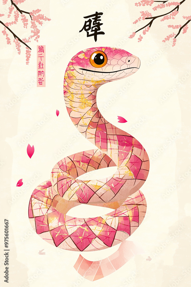 Fototapeta premium Cute snake with pink and gold checkered pattern on a vertical ribbon banner featuring the Chinese character 