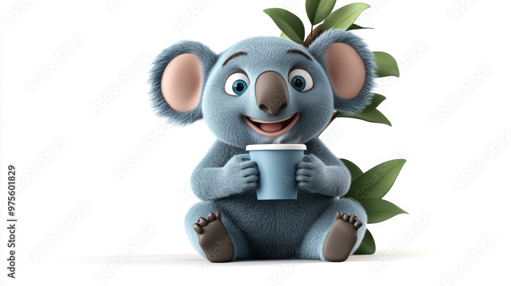 Naklejka premium Cute Koala Bear Holding Coffee Cup Cartoon Illustration