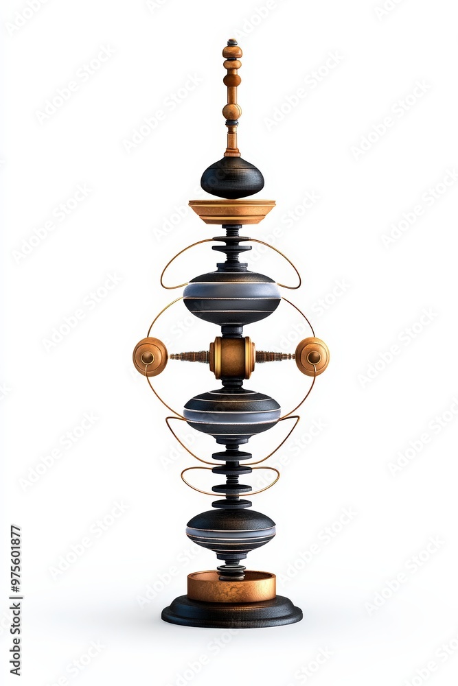 A futuristic sculpture showcasing intricate design and craftsmanship with metallic elements and elegant curves. A futuristic sculpture showcasing intricate design and craftsmanship with metallic elements and elegant curves.