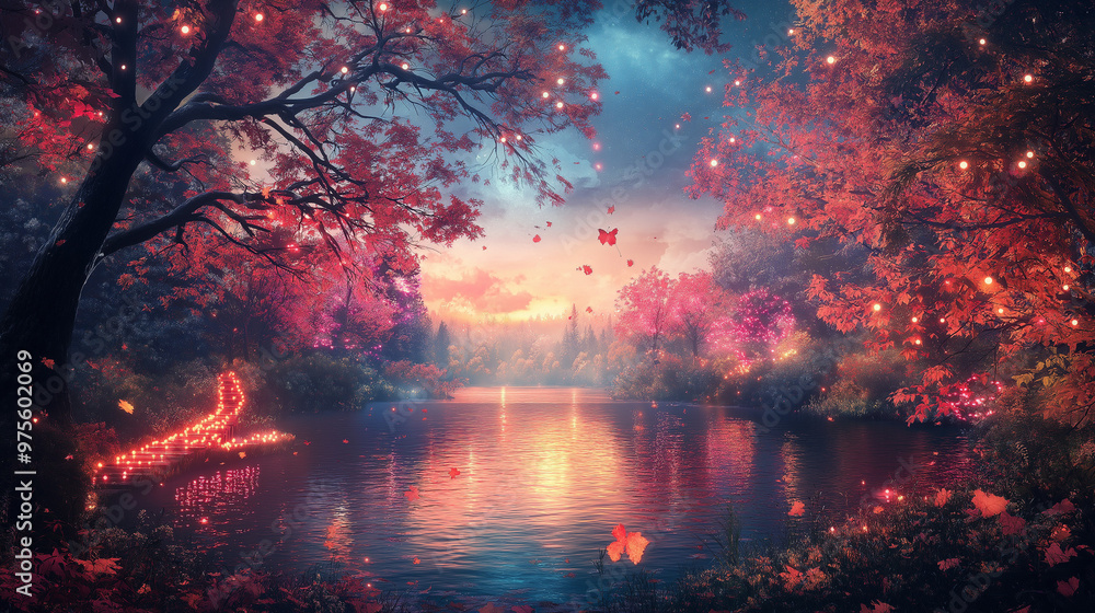 An autumn landscape with vibrant orange, red, and yellow leaves covering the ground and trees. The scene is illuminated by glowing neon lights and RGB colors subtly integrated into the environment, An autumn landscape with vibrant orange, red, and yellow leaves covering the ground and trees. The scene is illuminated by glowing neon lights and RGB colors subtly integrated into the environment,