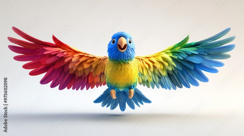Obraz premium Colorful Parrot with Rainbow Feathers Flying on White Background