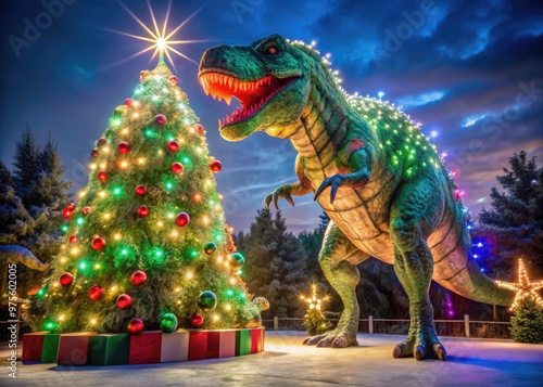 A festive holiday scene featuring a giant, menacing T-Rex dinosaur wrapped in twinkling lights and ornaments, standing beside a decorated Christmas tree. photo