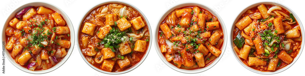 Top view of Korean spicy rice cakes (tteokbokki) with fish cakes and cabbage, centered on a transparent background. Top view of Korean spicy rice cakes (tteokbokki) with fish cakes and cabbage, centered on a transparent background.