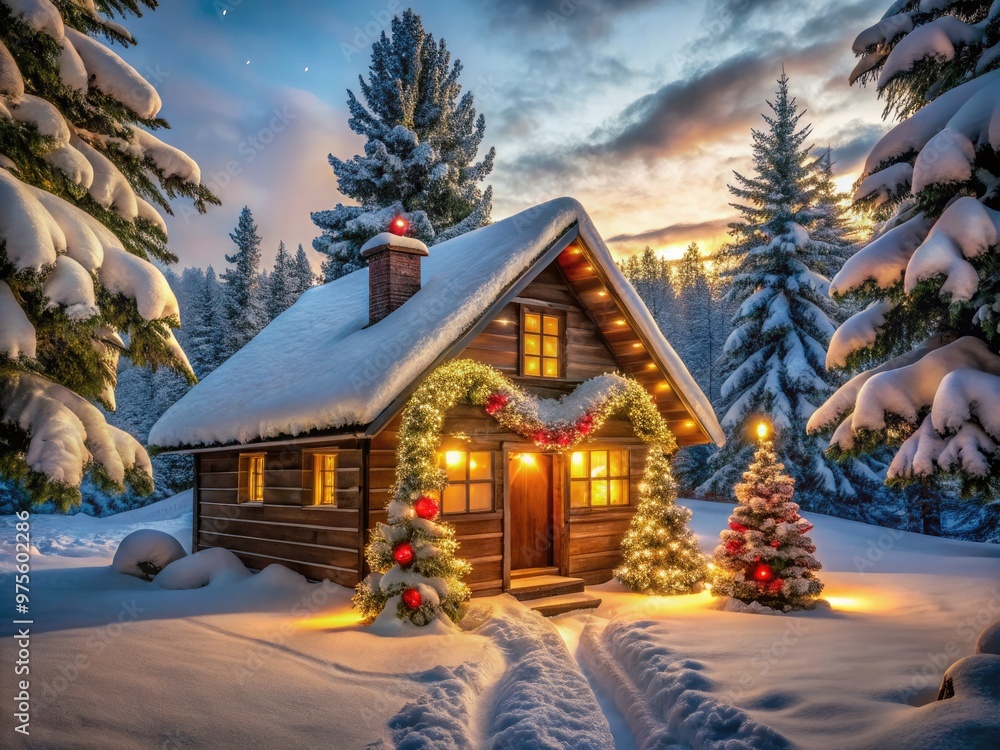A festive holiday scene featuring a snow-covered cabin surrounded by twinkling lights, adorned with wreaths and garlands, amidst a serene winter landscape. A festive holiday scene featuring a snow-covered cabin surrounded by twinkling lights, adorned with wreaths and garlands, amidst a serene winter landscape.