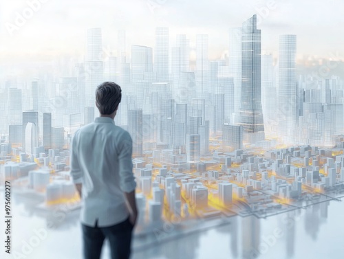 A man standing in front of a futuristic city visualized as a digital blueprint, symbolizing urban planning, technology, and architectural design.