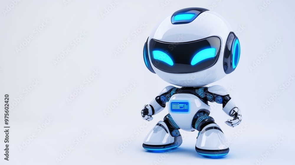 Cute White Robot with Blue Glowing Eyes and Lights Cute White Robot with Blue Glowing Eyes and Lights