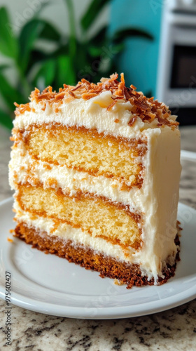 A slice of coconut cake sits on a plate, with layers of rich coconut cream and a fluffy topping. photo