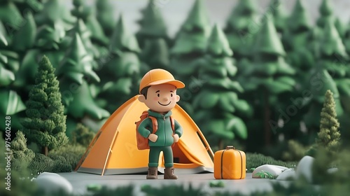 D Cartoon Character Camping in the Forest with Backpack and Tent