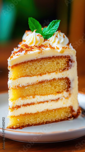 A slice of coconut cake sits on a plate, with layers of rich coconut cream and a fluffy topping. photo