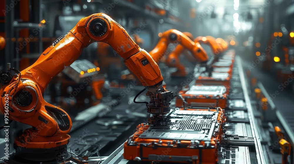 Multiple robotic arms working on an industrial production line, demonstrating automation, advanced manufacturing, and modern technology in action. Multiple robotic arms working on an industrial production line, demonstrating automation, advanced manufacturing, and modern technology in action.