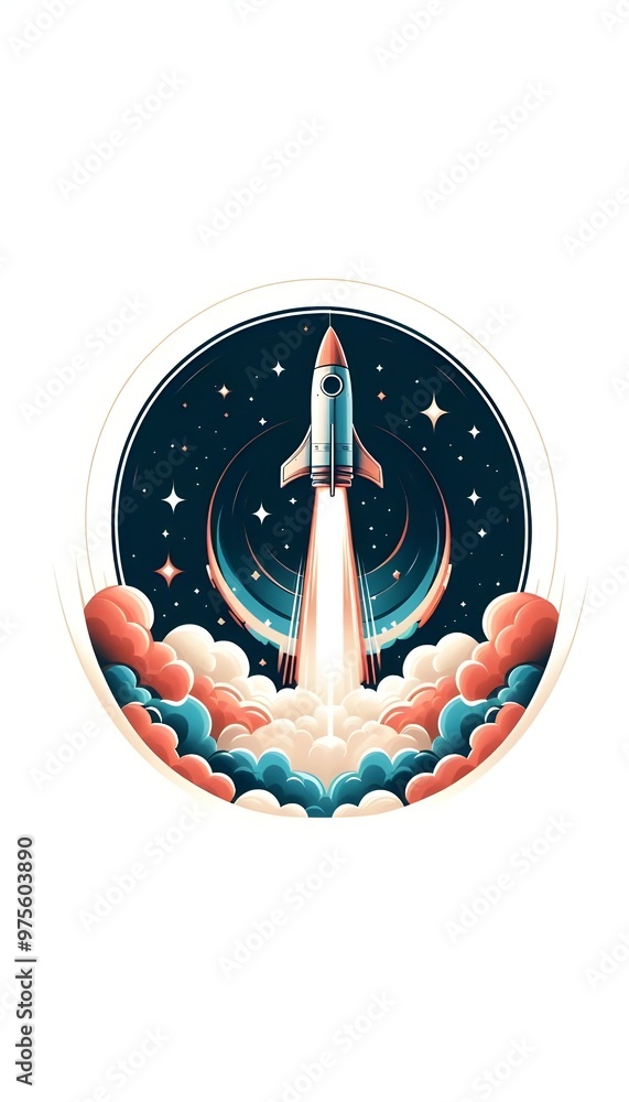 An illustrated rocket launching with a flame and smoke trail on a white background, concept of innovation An illustrated rocket launching with a flame and smoke trail on a white background, concept of innovation
