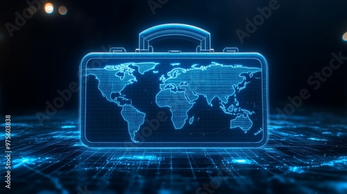 A digital holographic suitcase with a world map overlay, representing global business, technology, and futuristic travel concepts. #975603838