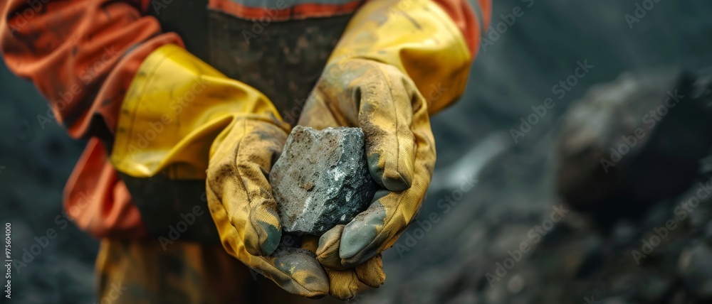 A pair of gloved hands holds a rugged rock, showcasing the raw strength and perseverance of manual labor. A pair of gloved hands holds a rugged rock, showcasing the raw strength and perseverance of manual labor.