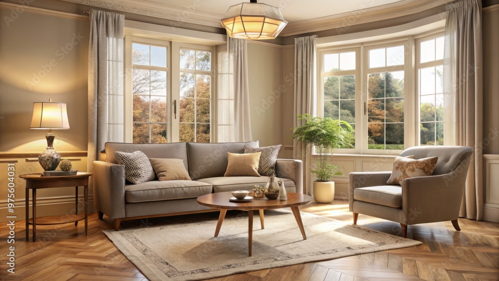 Softly lit bay window with plush gray sofa, cream-colored armchair, and rich wood coffee table in a cozy living room with warm beige walls and floor. Softly lit bay window with plush gray sofa, cream-colored armchair, and rich wood coffee table in a cozy living room with warm beige walls and floor.