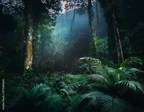 Fototapeta Naklejka Na Ścianę i Meble -   Deep tropical forest, in darkness, evoking a mysterious and dense jungle atmosphere. _1(329)