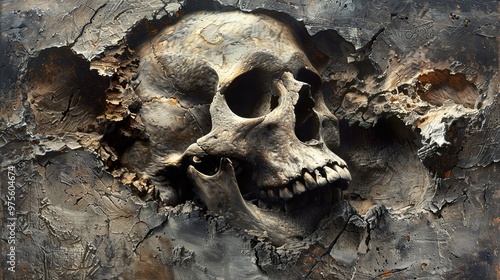 Human Skull in Decay: A Dark and Textured Artwork