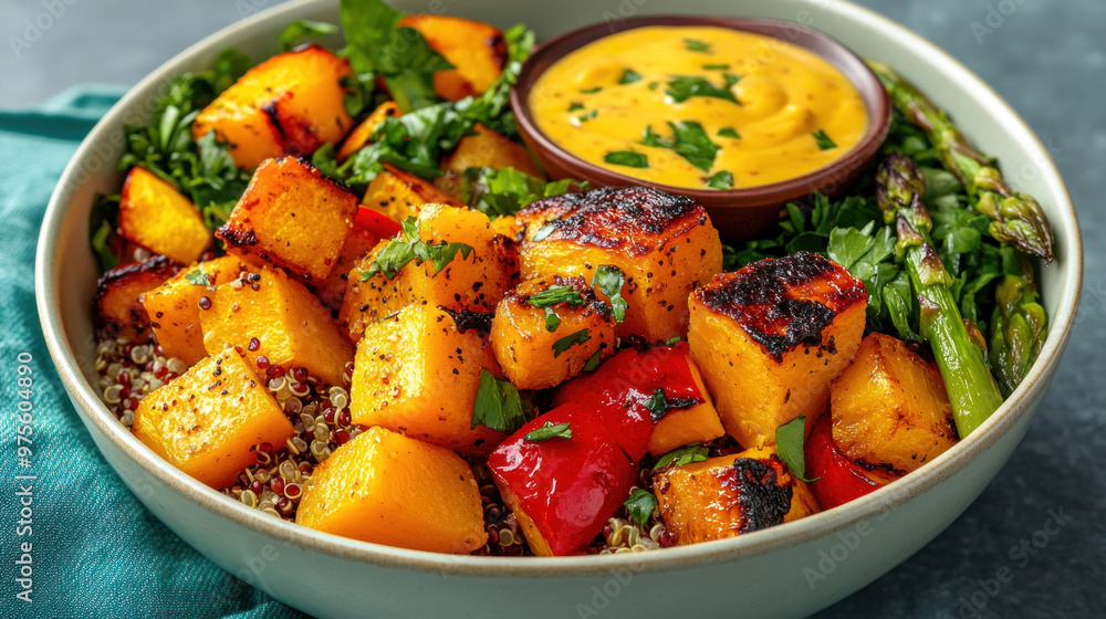 Asparagus and roasted butternut squash are paired together in a savory quinoa bowl, topped with tahini dressing. Asparagus and roasted butternut squash are paired together in a savory quinoa bowl, topped with tahini dressing.