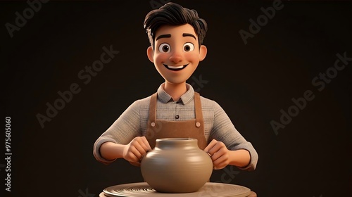 Happy Potter Man Creating Pottery on Wheel