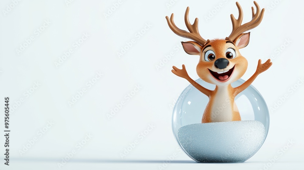 Cute Cartoon Reindeer in a Snow Globe with White Background